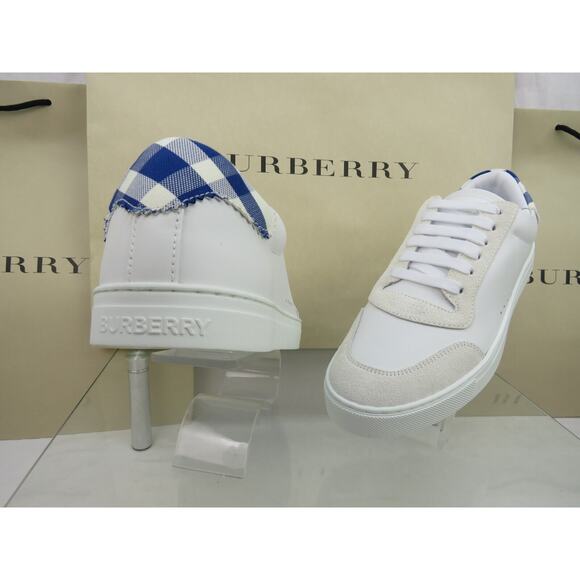 NIB BURBERRY ROBIN WHITE BLUE CHECK LEATHER LOW LOGO SNEAKERS US 11.5 44.5 IT - Picture 3 of 13